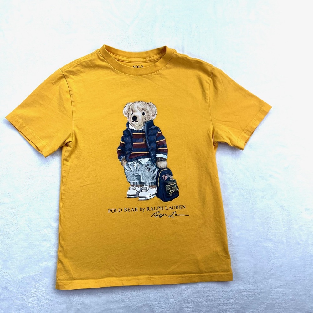 Polo Ralph Lauren Boys Yellow Polo Bear Graphic T-Shirt‎ Size S 8 Short Sleeve